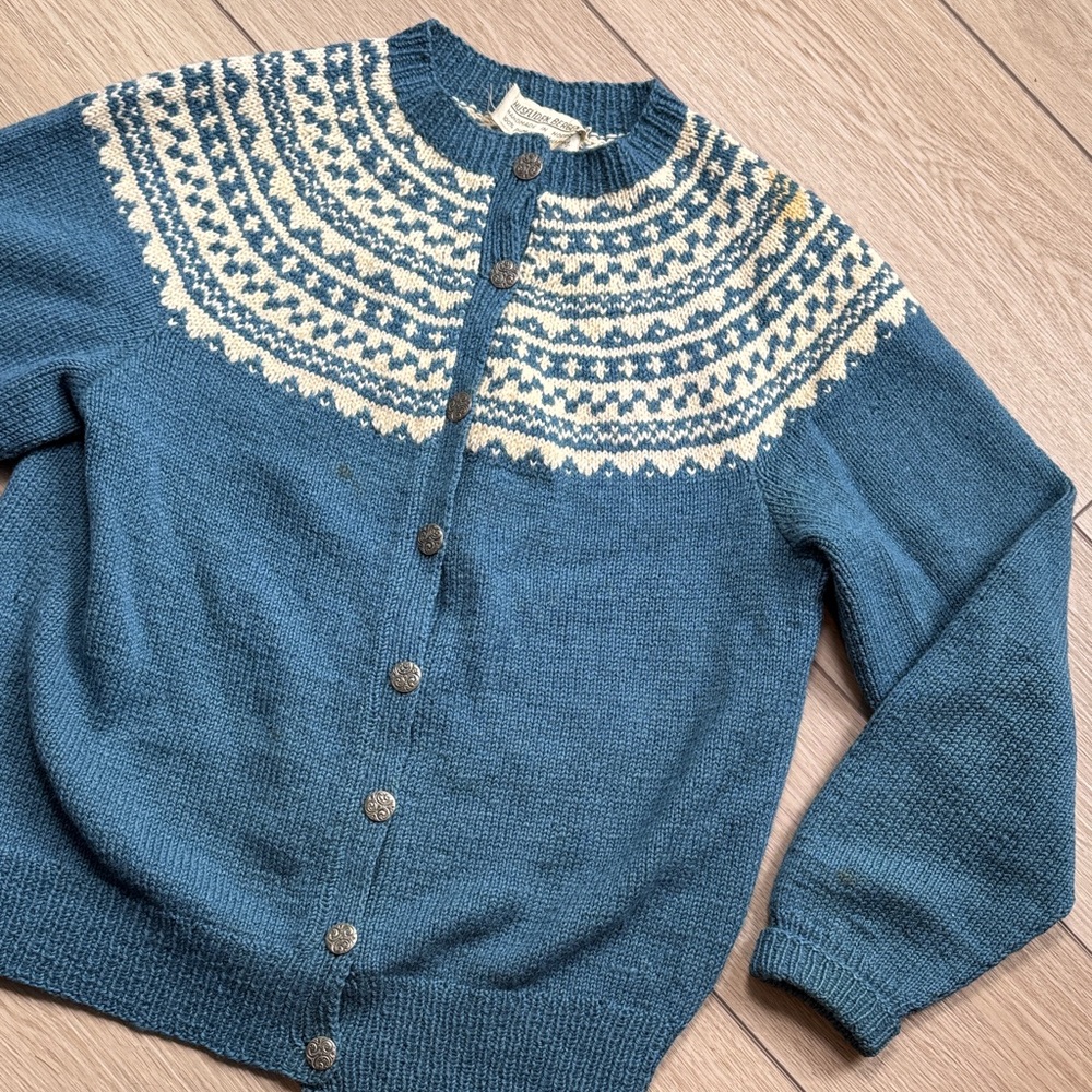 Blue and Cream Women's Cardigan Sweater